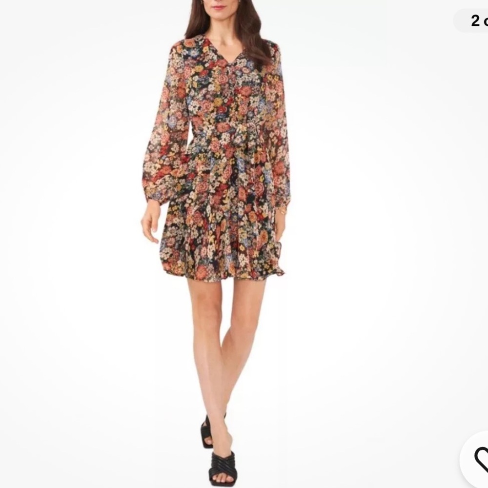 NEW MSK Jewel Tone Multicolor Floral Pin-tucked Belted  Shirt Dress 18